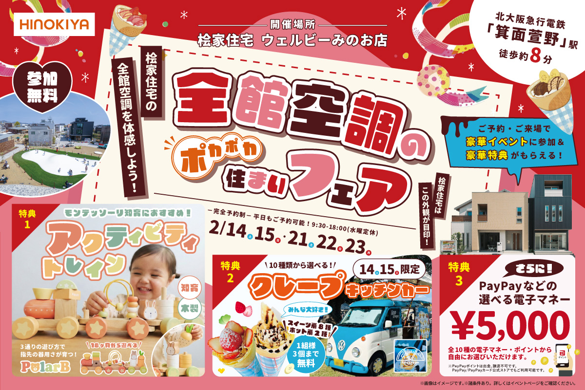 【ウェルビーみのお】2月限定！みんな大好きクレープのキッチンカーがやってくる！さらに2月は電車の知育おもちゃをPRESENT！